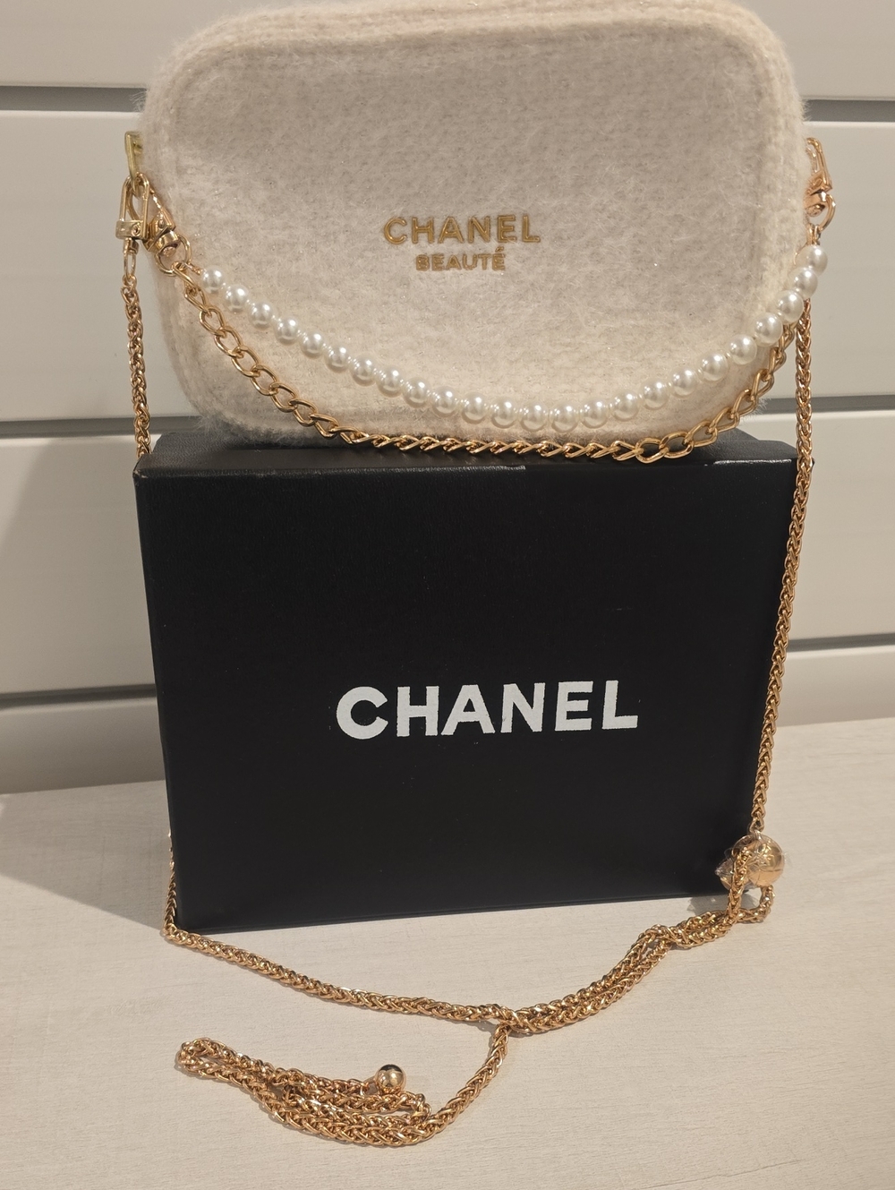 CHANEL Cream Pearl-Trim Crossbody with Gold Chain